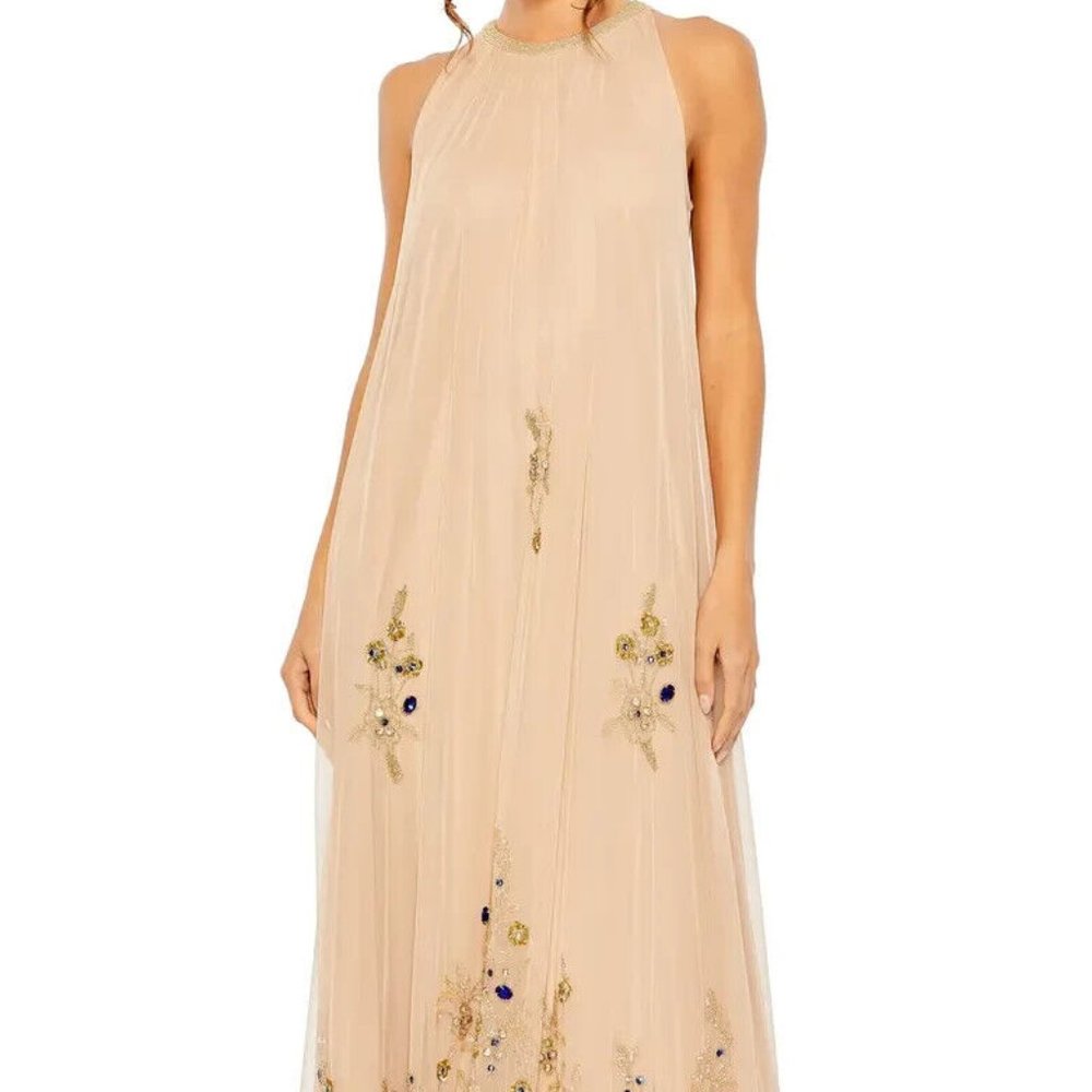 Mac Duggal Nude Gold Beaded Halter Neck Sleeveless Trapeze Gown